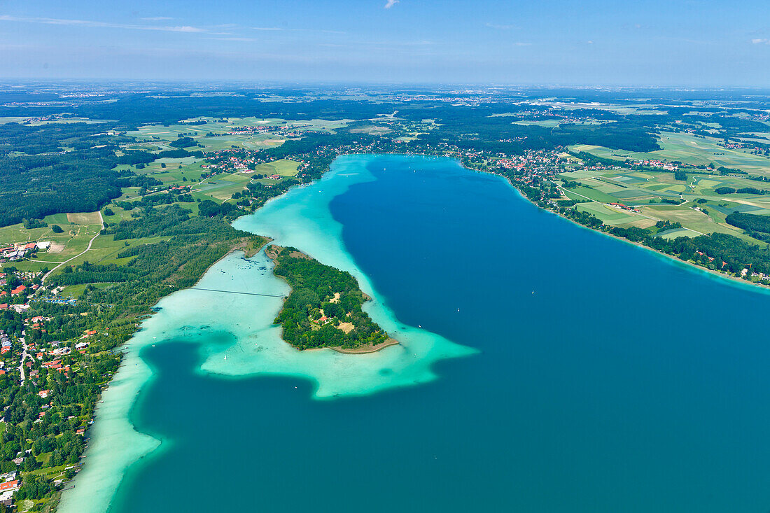 Aerial view of Maus Island, lake Woerthsee, Province of Starnberg, Upper Bavaria, Germany, Europe