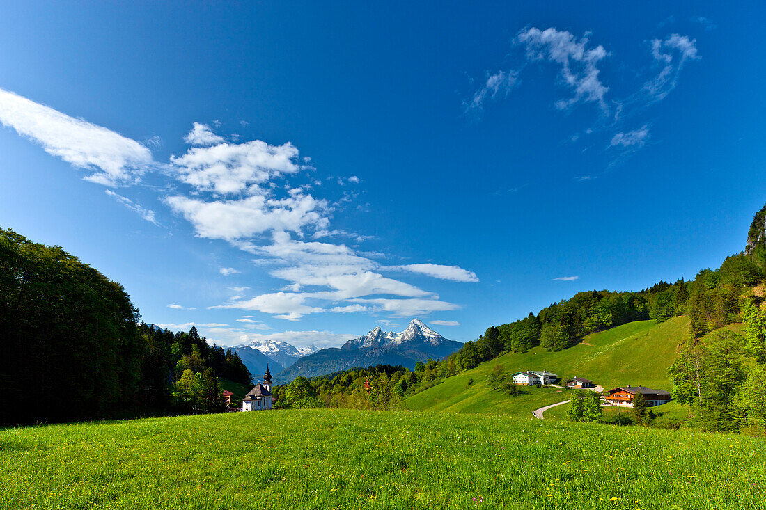 Maria Gern and the Watzmann in the sunlight, Berchtesgadener Land, Upper Bavaria, Germany, Europe