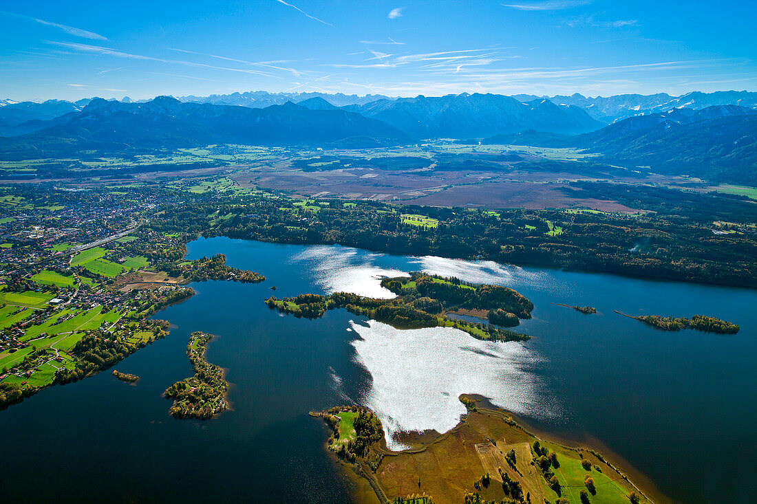 Aerial view of lake Staffelsee and Wetterstein mountains, Upper Bavaria, Germany, Europe