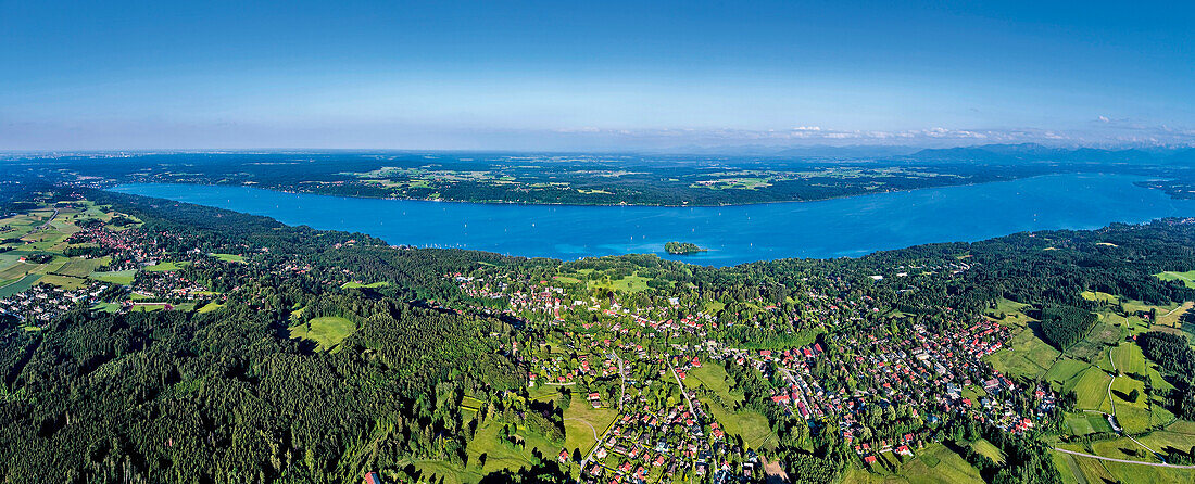 Aerial view of Poecking at lake Starnberger See, Starnberg on the left, Seeshaupt on the right, Upper Bavaria, Germany, Europe