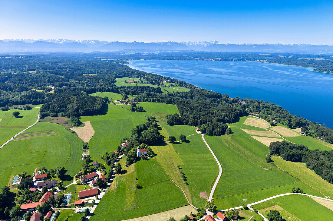 Aerial view of Holzhausen, lake Starnberger See and Zugspitze, Upper Bavaria, Germany, Europe
