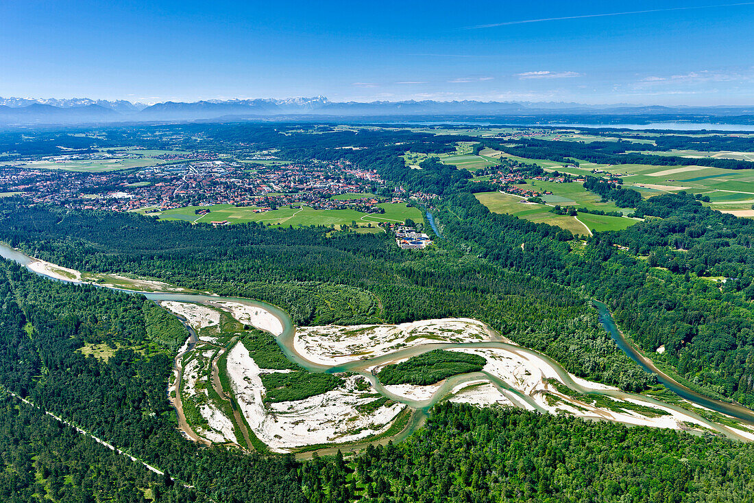 High angle view of nature reserve Pupplinger Au, Wolfratshausen, in the background the alps with the Zugspitze, Upper Bavaria, Germany, Europe