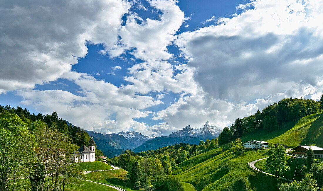 Maria Gern and the Watzmann under clouded sky, Berchtesgadener Land, Upper Bavaria, Germany, Europe
