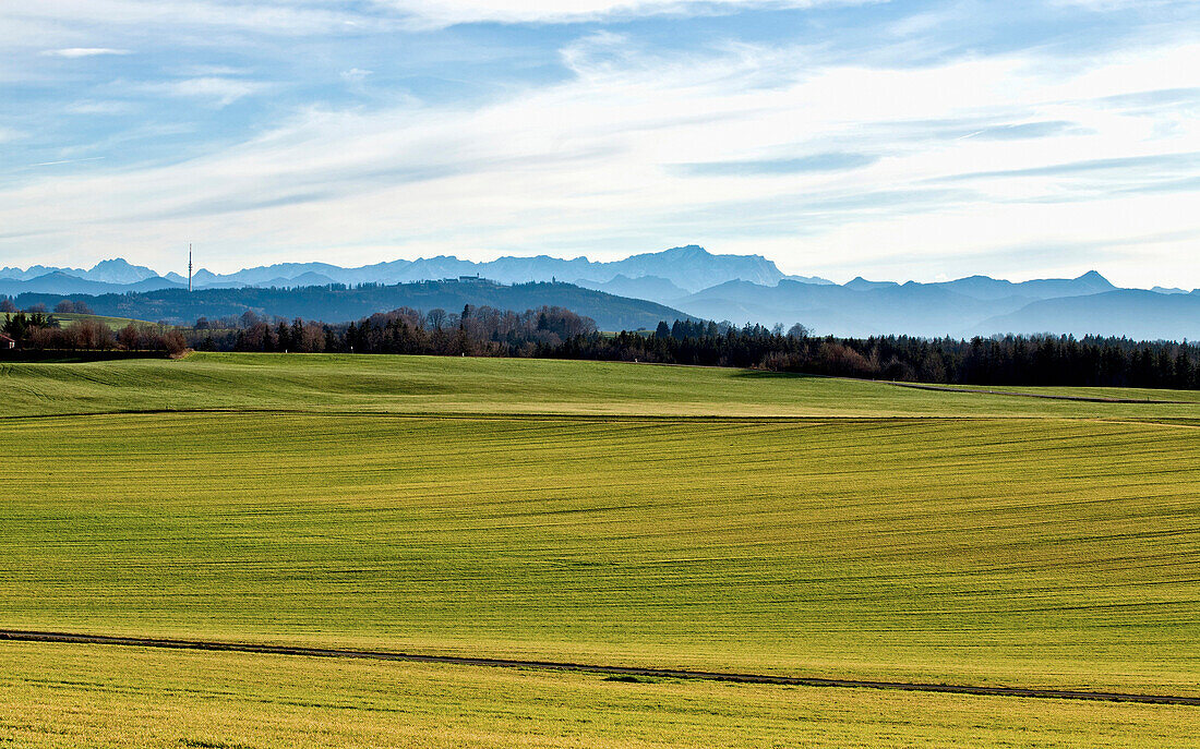 View from Wessobrunn onto Hoher Peissenberg and the Zugspitze, Upper Bavaria, Germany, Europe