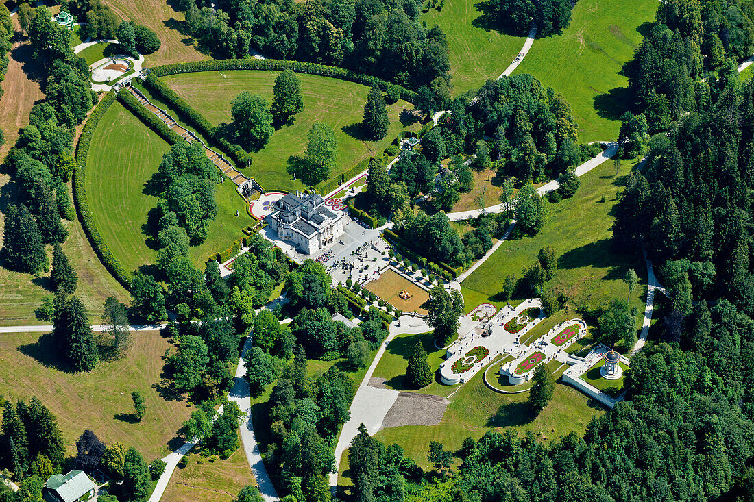 Aerial view of Linderhof Castle, Graswangtal, Upper Bavaria, Germany, Europe