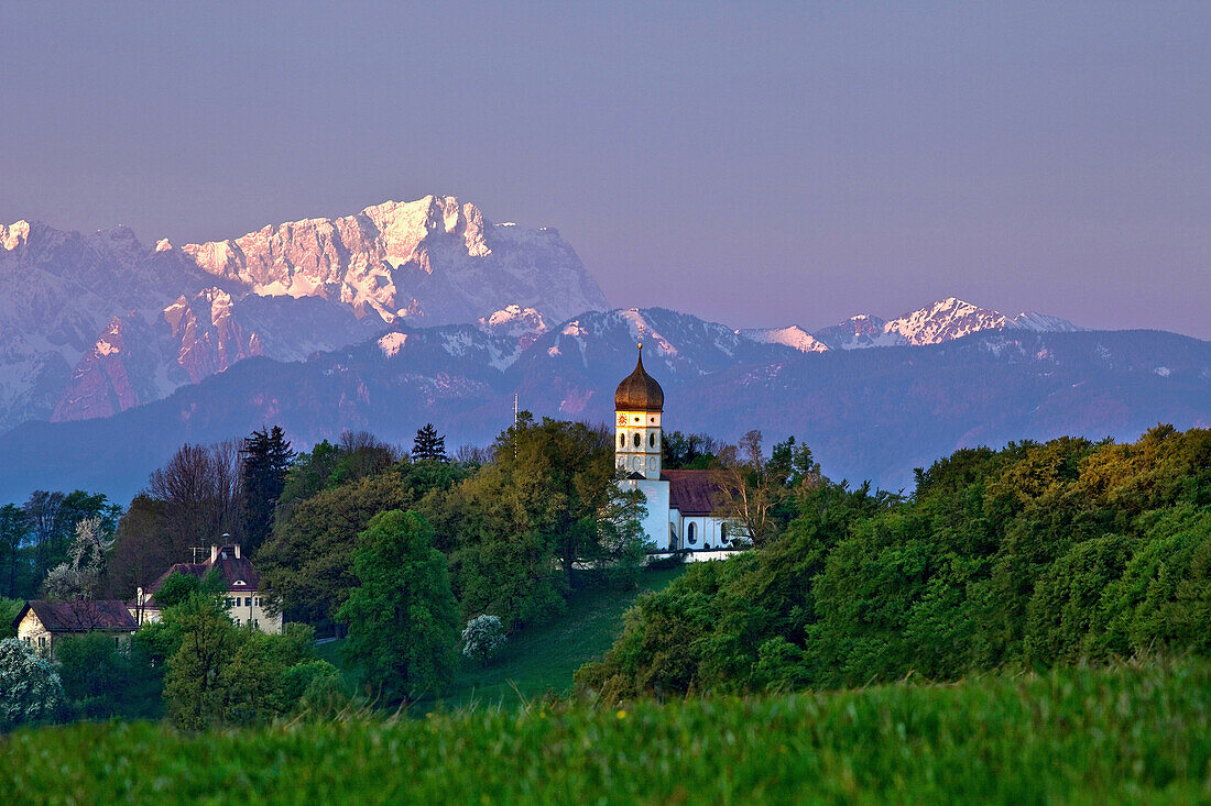 View of the church of Holzhausen and the Zugspitze, Upper Bavaria, Germany, Europe