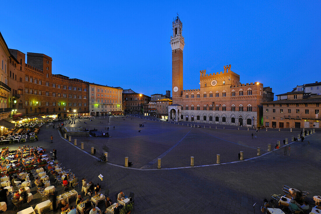 View over Piazza del Campo to Palazzo Pubblico with Torre del Mangia, Siena, Tuscany, Italy