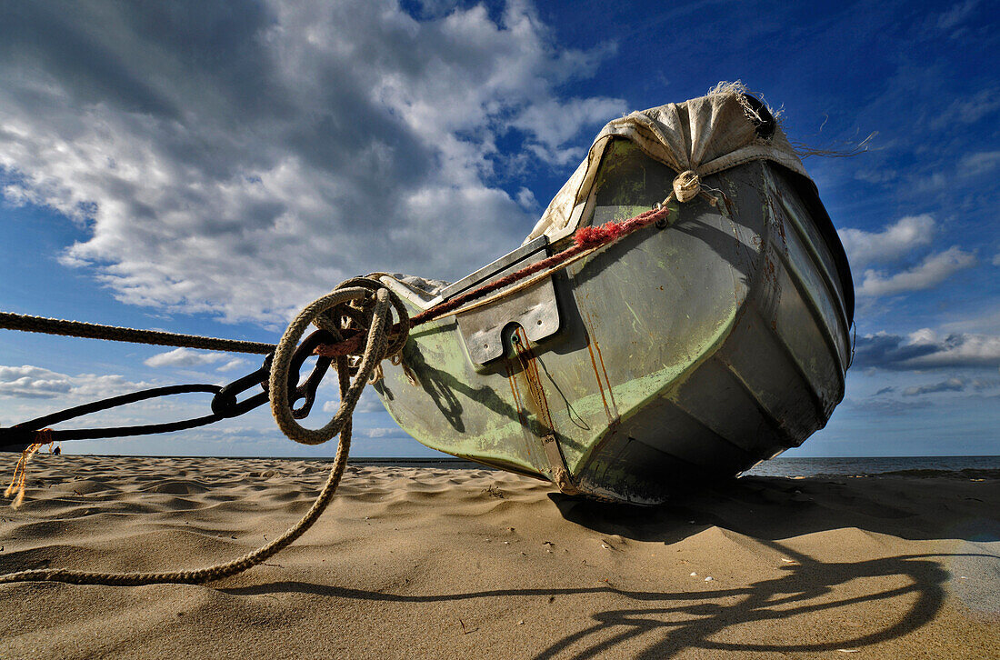 Fishing boat at beach, Stubbenfelde, Usedom, Mecklenburg-Western Pomerania, Germany