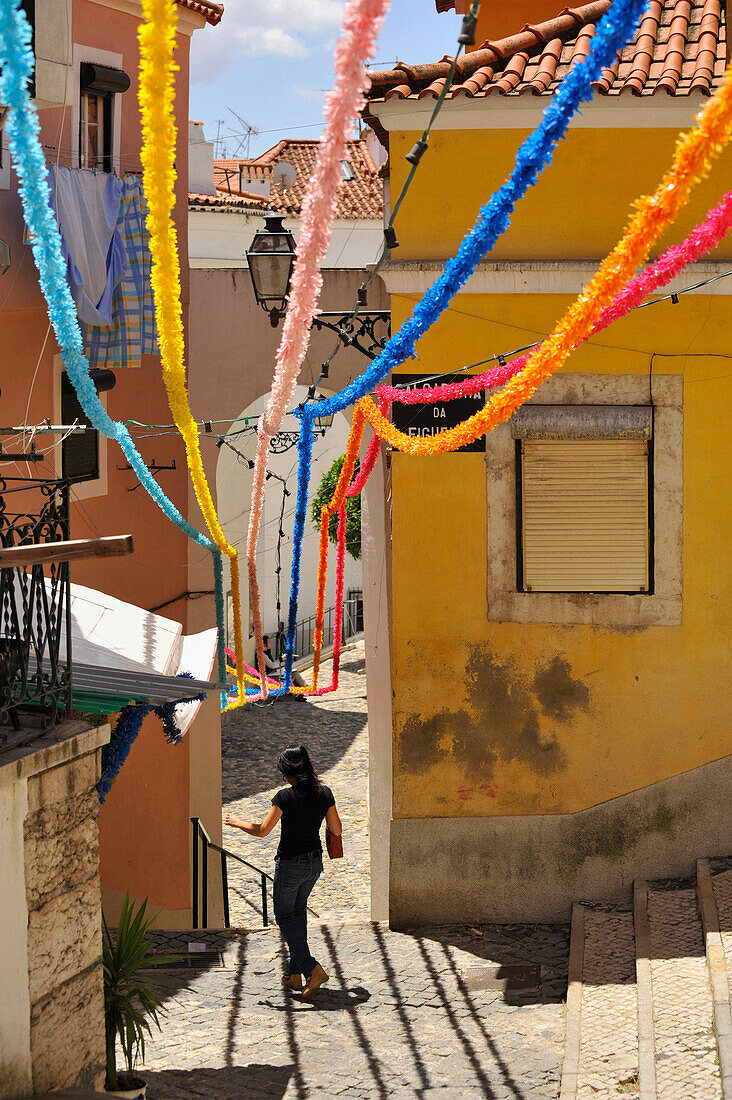 Garlands between houses, Alfama, Lisbon, Portugal