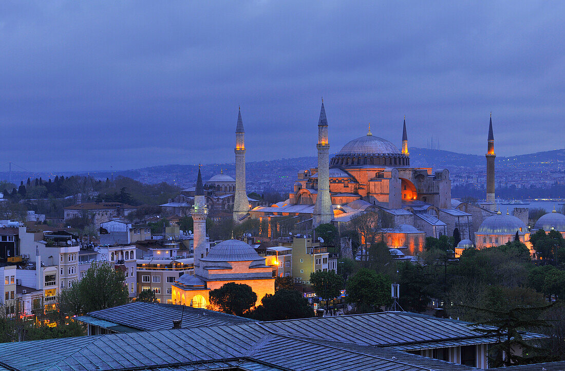 Illuminated Hagia Sophia in the evening, Istanbul, Turkey