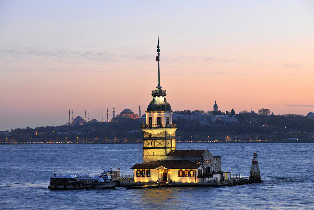Iluminated Maiden's Tower in the evening, Istanbul, Turkey