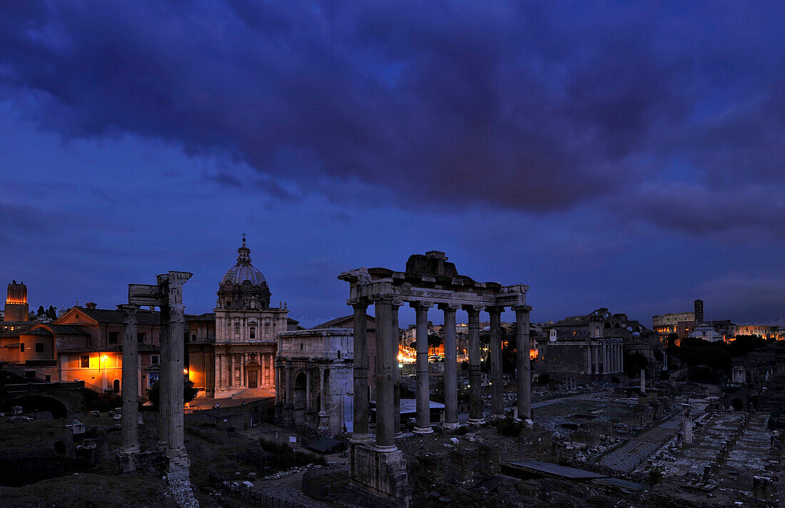 Roman Forum under dark clouds, Rome, Lazio, Italy, Europe