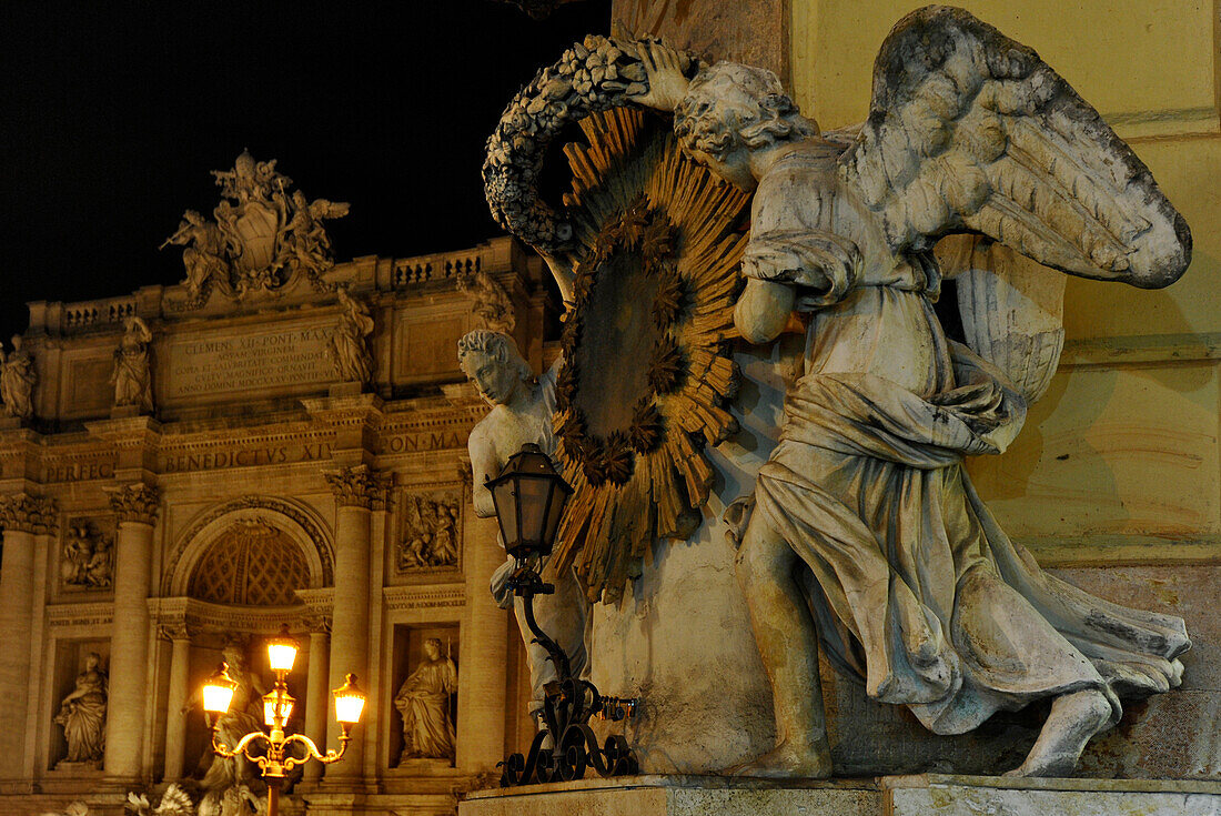 Sculptures at the Trevi fountain at night, Fontana di Trevi, Rome, Lazio, Italy, Europe