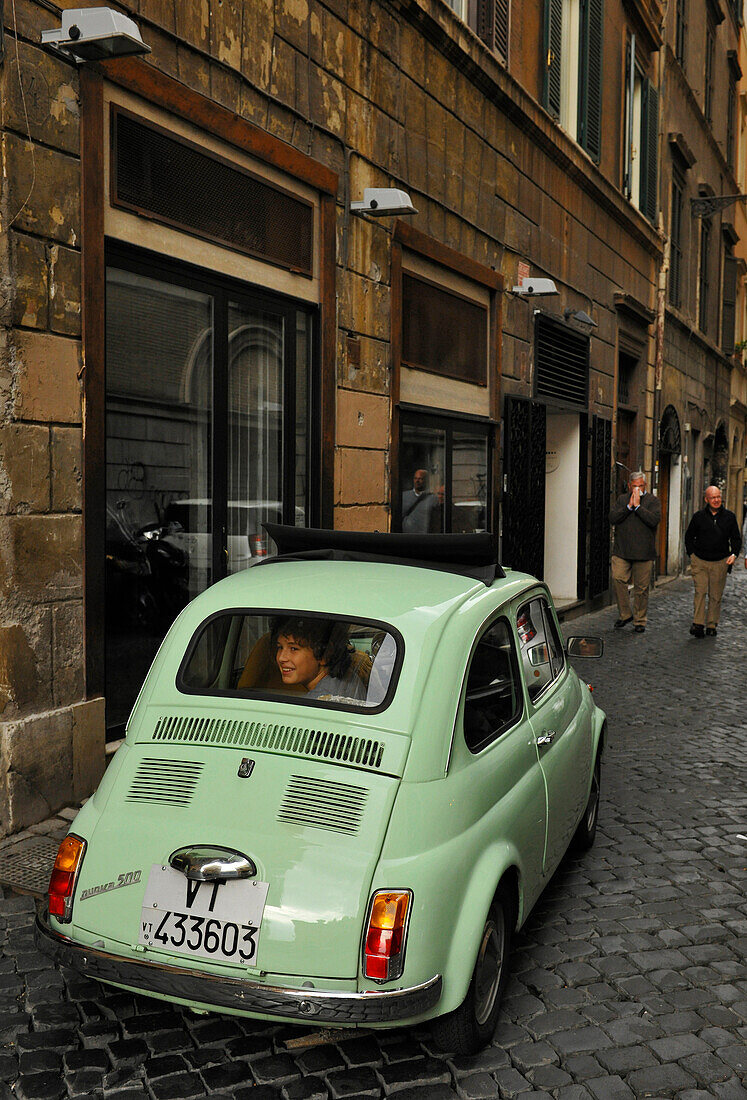 Street scenery, Fiat 500 in an alley, Rome, Lazio, Italy, Europe