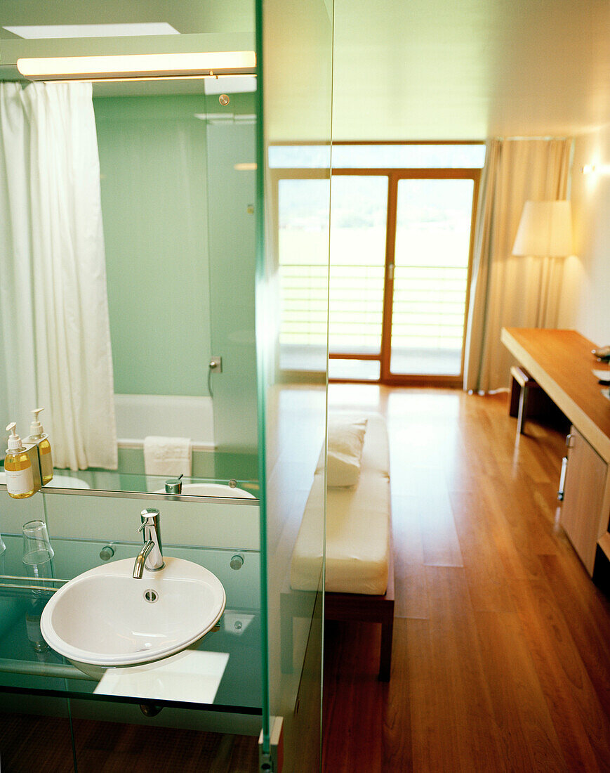 Bathroom and room, Hotel Post Bezau, Bregenz, Vorarlberg, Austria