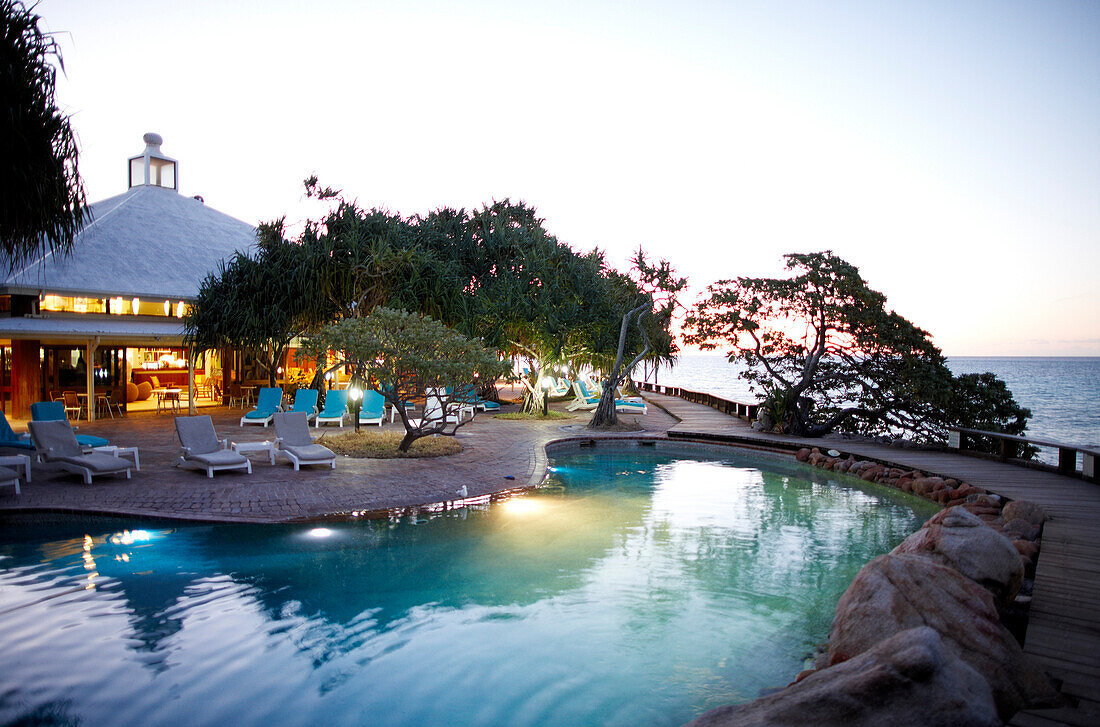 Heron Island Resort at night, western Heron Island, Great Barrier Reef Marine Park, UNESCO World Heritage Site, Queensland, Australia