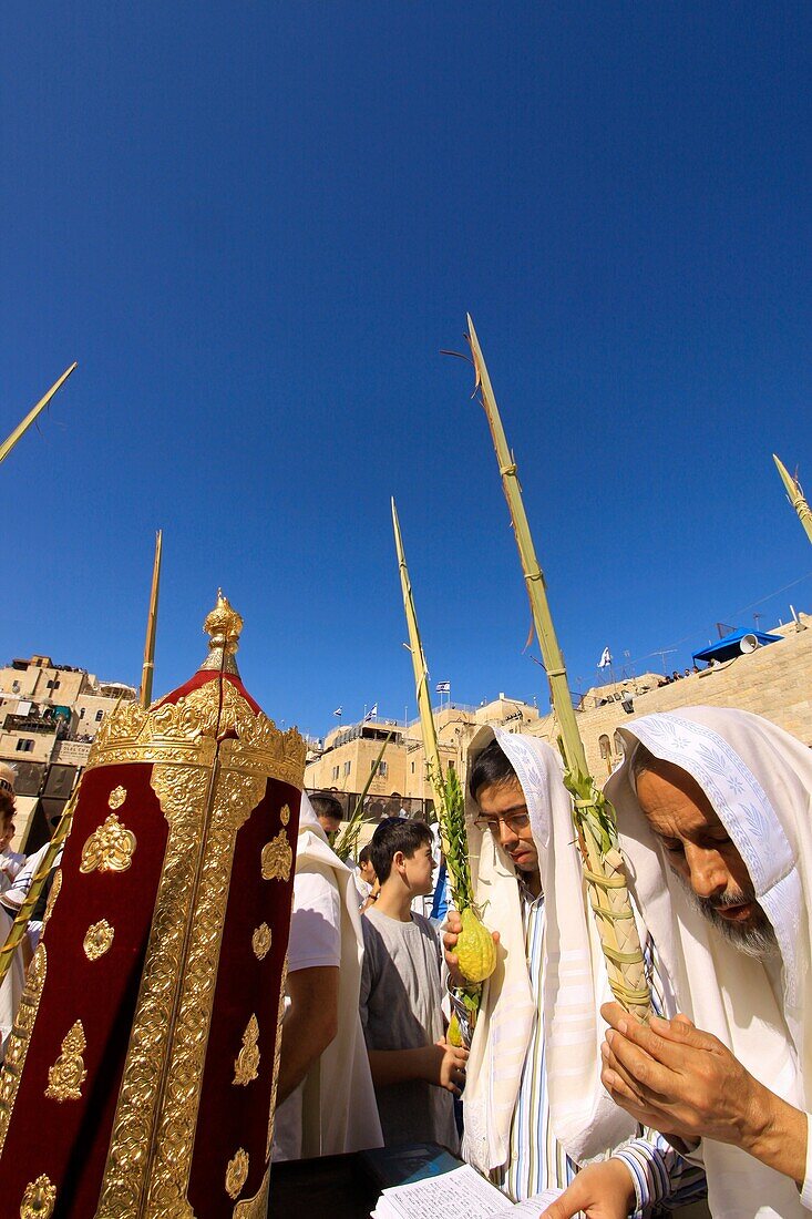 Succot holiday, the Priestly Blessing ceremony at the Western Wall, a prayer with the Four Species