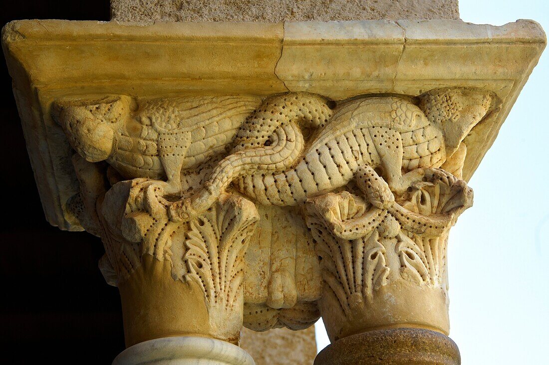 Medieval cloister column capitals of the Cathedral, Duomo of Cefalu Cefaú Sicily