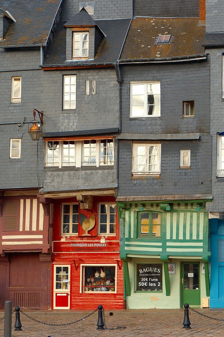 Harbour side restauarants and shops Honfleur, Normandy, France