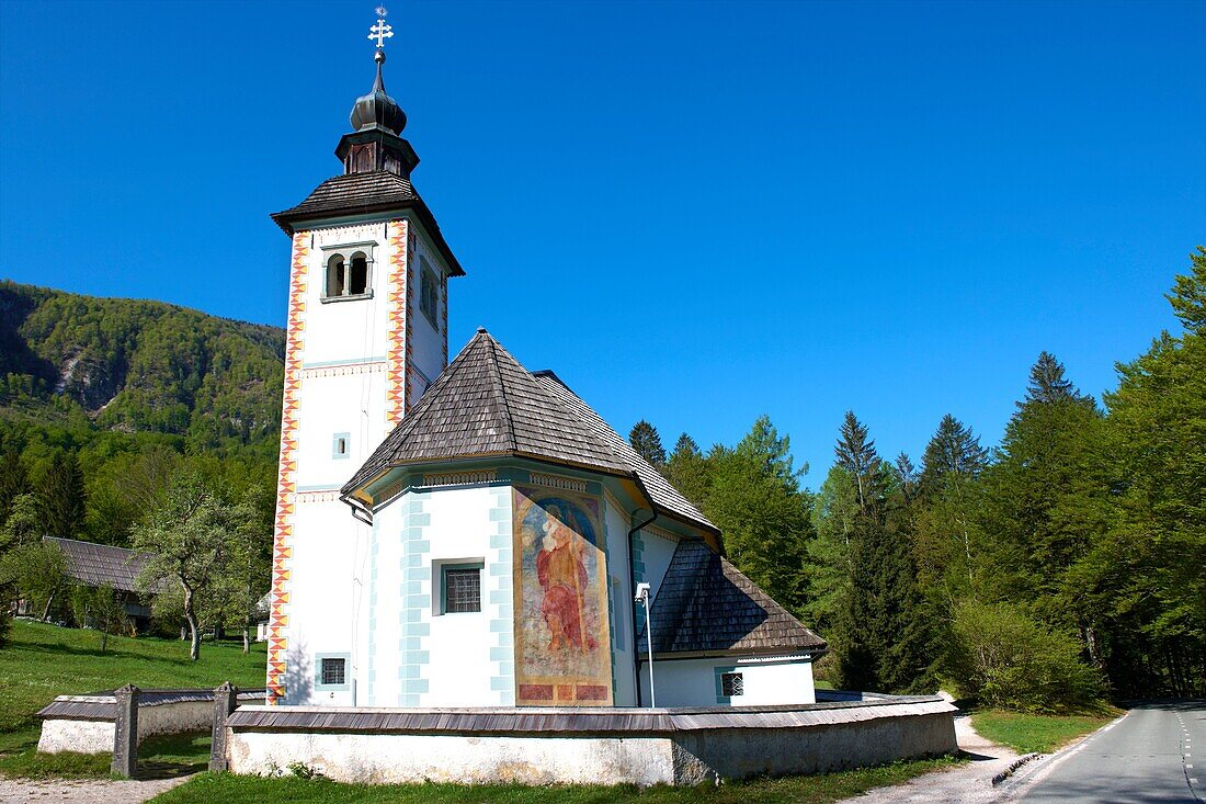 Traditional painted church Lake Bohinj Bohinjsko jezero Slovenia