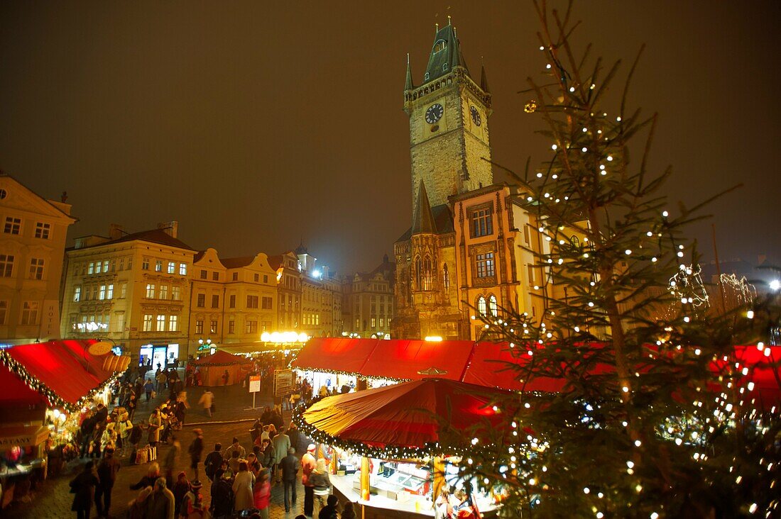 Christmas Market In Prague's Old Town Square at night time