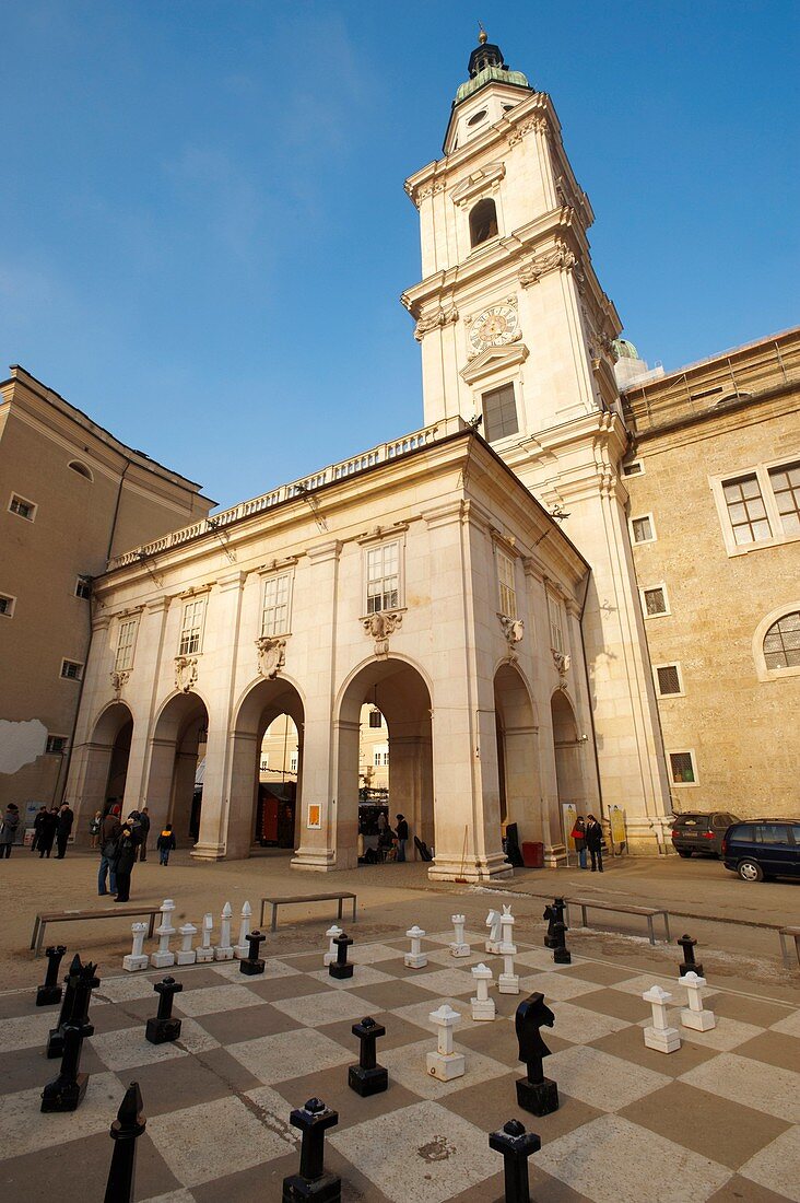 Satzburg cathedral with a giant chess board