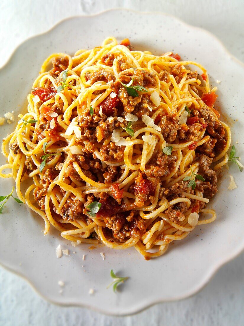 Bolognese, cooked, eatable, eating, food, fresh, healthy, Italian, pasta, recipe, Sauce, spaghetti, Studio shot, tradition, traditional, vertical, YL2-1202599, AGEFOTOSTOCK