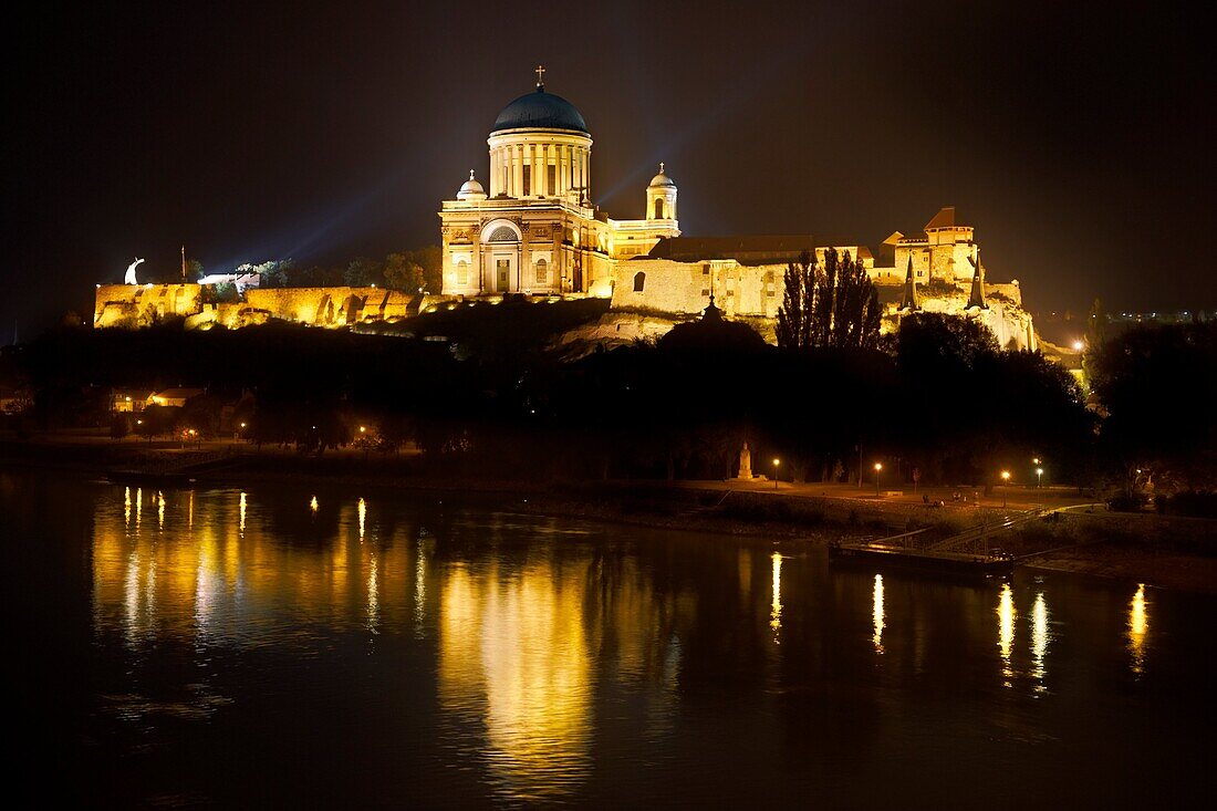 Exterior of the Neo Classical Esztergom Basilica at night, Cathedral Esztergomi Bazilika, Hungary
