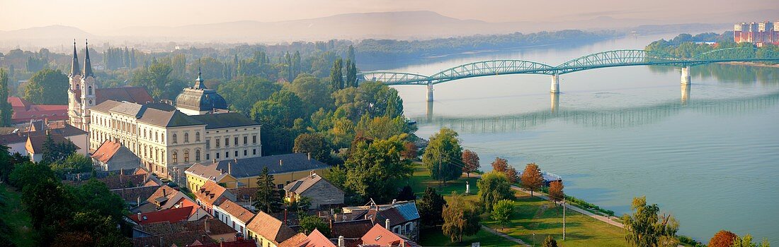 The Baroque Jesuit church and museum with the border bridge to Slovakia, Esztergom, Hungary 127mb