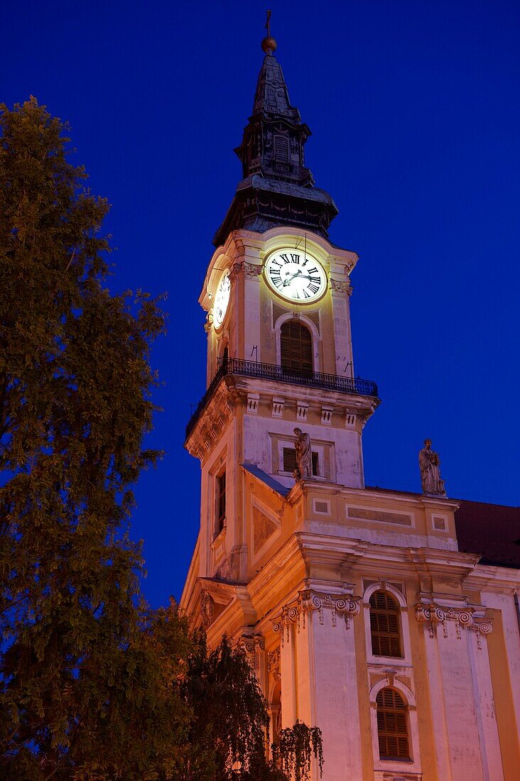The Great Church Nagy Templom at night, Hungary Kecskemét