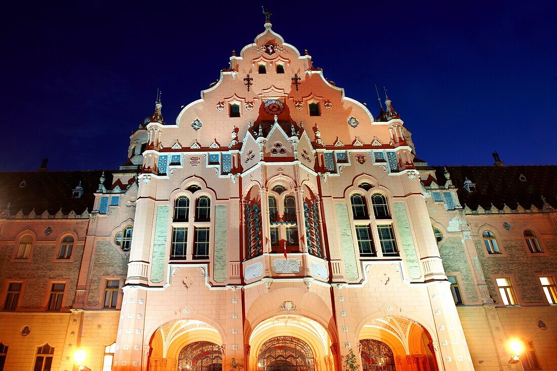 Art Nouveau Sezession City Hall designed by Lechner Ödön with Zolnay tiles at night, Hungary Kecskemét