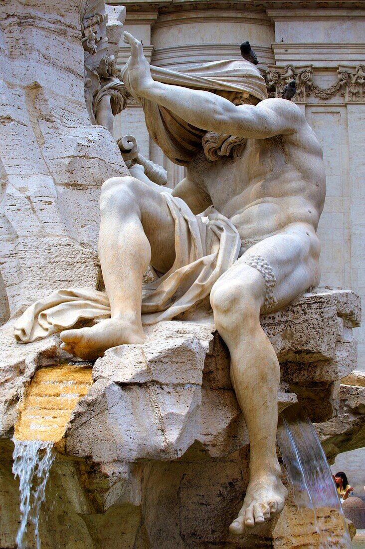 Fountain of the Four Rivers by Bellinio, designed to carry the Egyptian obalisque brough from the Circus Maximus The 4 figures represent the Nile, Ganges, Danube amd Rio de la plata Plazza Novona, Rome