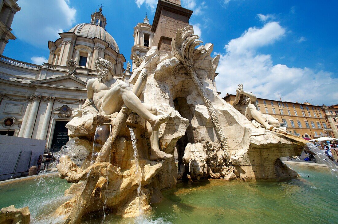 Fountain of the Four Rivers by Bellinio, designed to carry the Egyptian obalisque brough from the Circus Maximus The 4 figures represent the Nile, Ganges, Danube amd Rio de la plata Plazza Novona, Rome