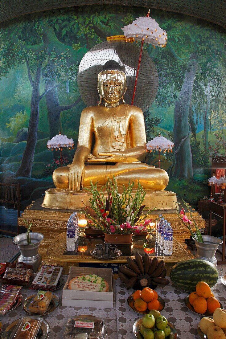 Myanmar, Burma, Yangon, Rangoon, Kaba Aye Pagoda, Buddha statue, offerings