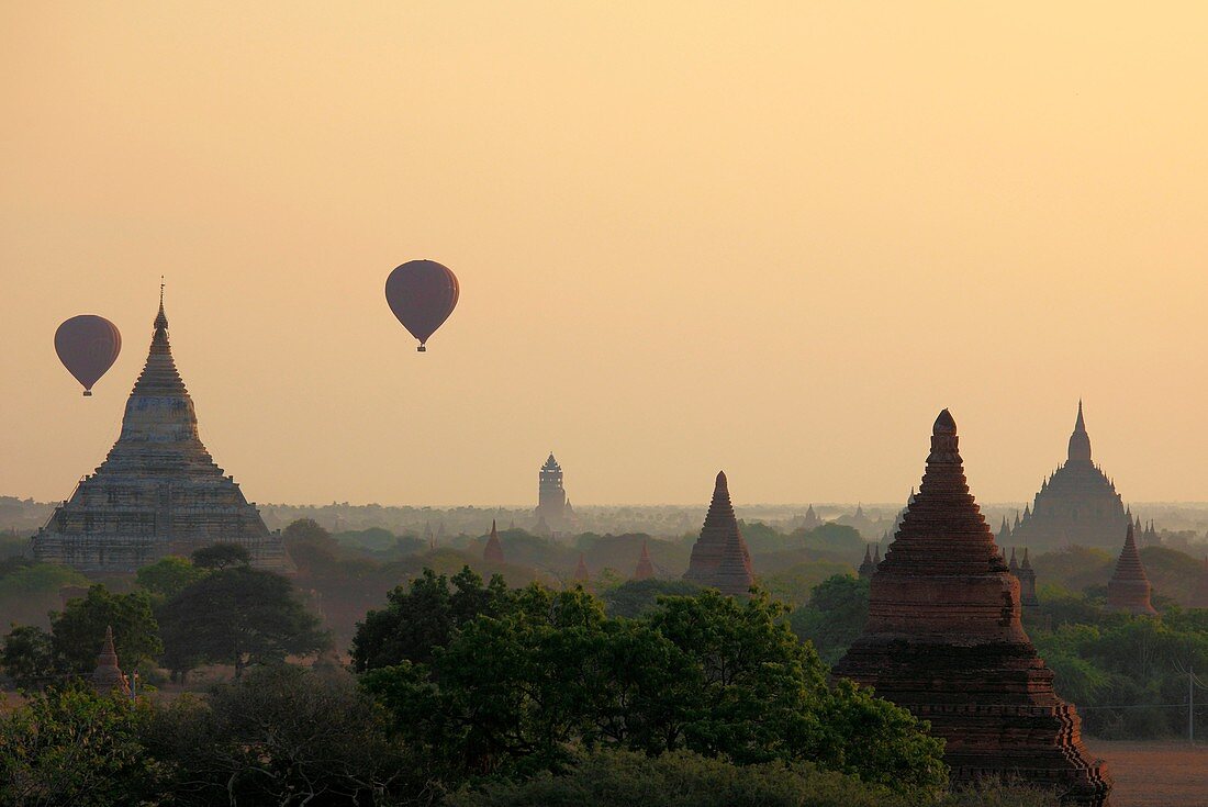 Myanmar, Burma, Bagan, general aerial view, temples, hot air balloons