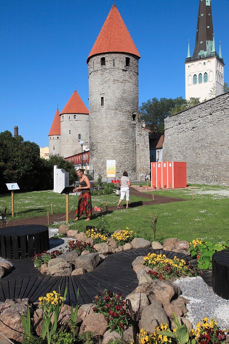 Estonia, Tallinn, town defence towers, garden, St Olav's Church