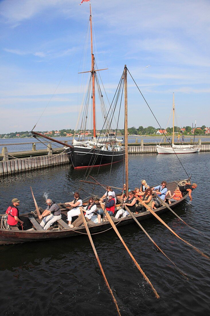 Denmark, Zealand, Roskilde, harbour, rowboat, people