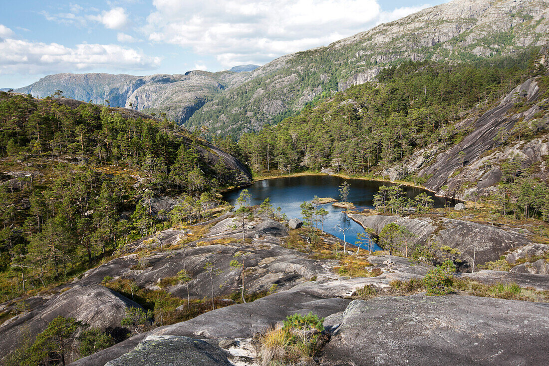 Lake in a rocky landscape with pines, Rullestad, Hordaland, West Norwegen, Scandinavia, Europe