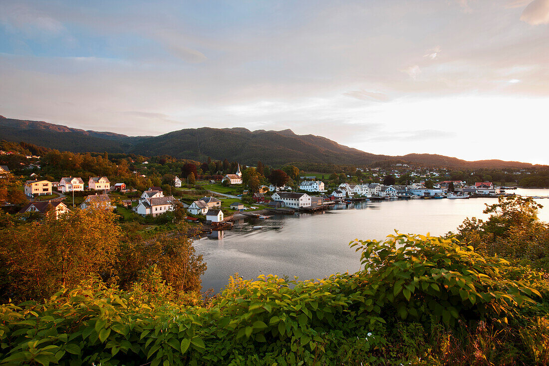 View towards the small town of Scanevik, Hordaland, Norway, Scandinavia, Europe