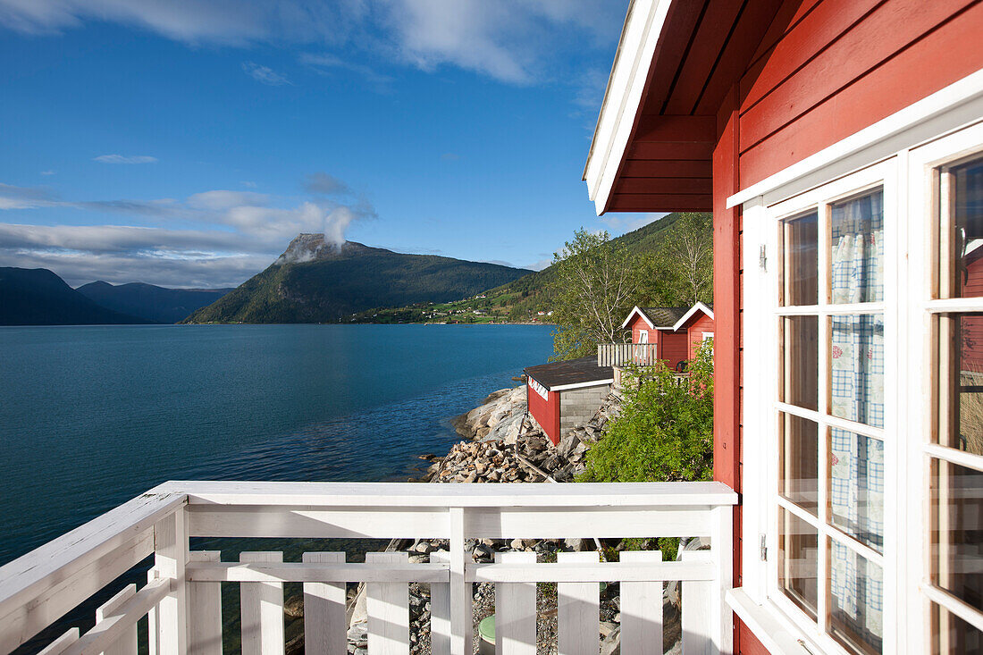 Wooden house with view across the Lustrafjord, Sogn og Fjordane, Norway, Scandinavia, europe