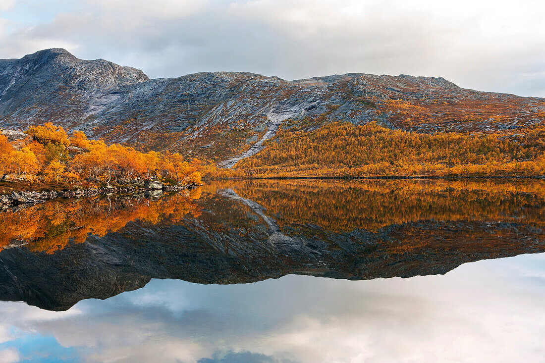 Felsige Landschaft mit Birken an einem See nördlich vom Polarkreis, Saltdal, Junkerdalen Nationalpark, Wandertour, Herbst, Fjell, Lonsdal, nahe bei Mo i Rana, Nordland, Norwegen, Skandinavien, Europa