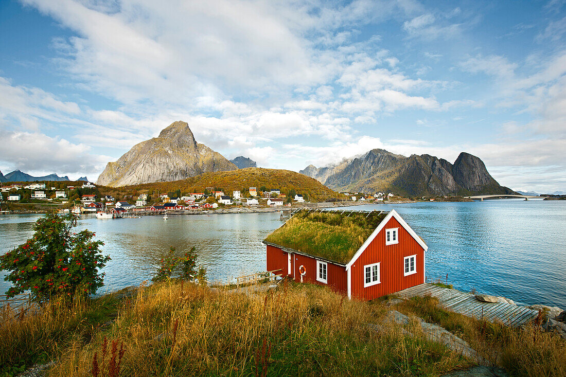 Rotes Holzhaus bei Reine, Blick auf das Meer, Landschaft auf den Lofoten, Herbst, Moskenesoy, Norwegen, Skandinavien, Europa