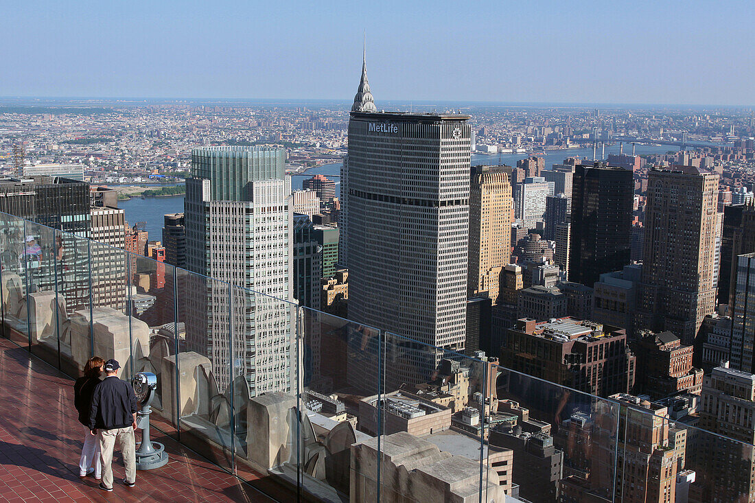 Tourists Admiring the Panoramic View Over Manhattan From the Top of the Rock, Observation Deck in the Ge Building, Rockefeller Center, Midtown Manhattan, New York City, New York State, United States