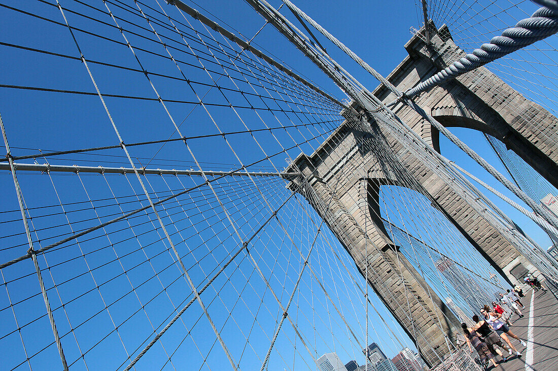 One of the Pillars and the Cables of the Brooklyn Bridge, New York City, New York State, United States