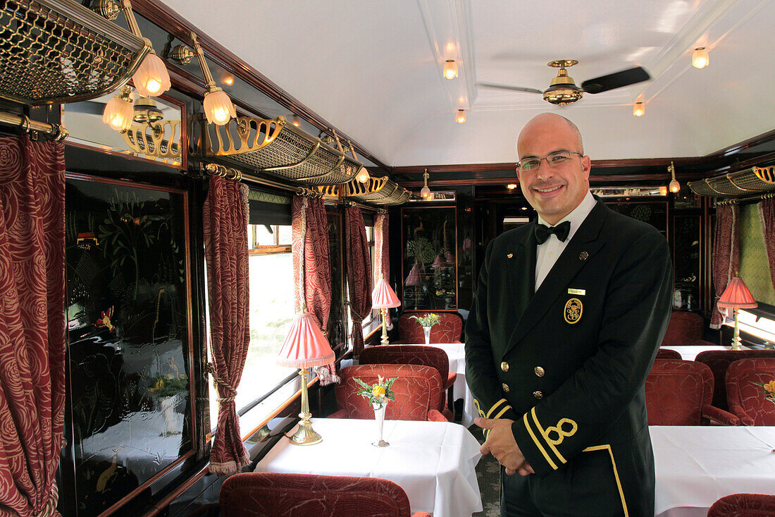 Guiseppe, Maitre D'Hotel with the Venice Simplon Orient-Express Company, Posing in the Dining Car of the Prestigious Orient Express, Venice, Venetia, Italy