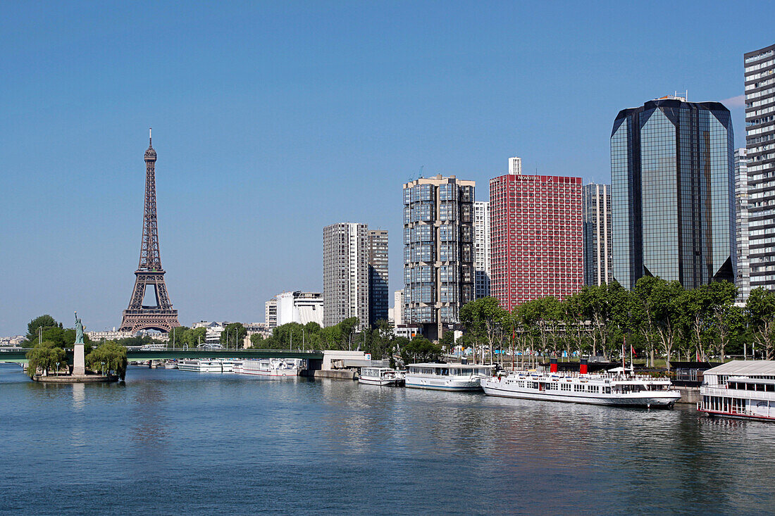 Banks of the Seine with the Eiffel Tower and the Statue of Liberty, Paris, France