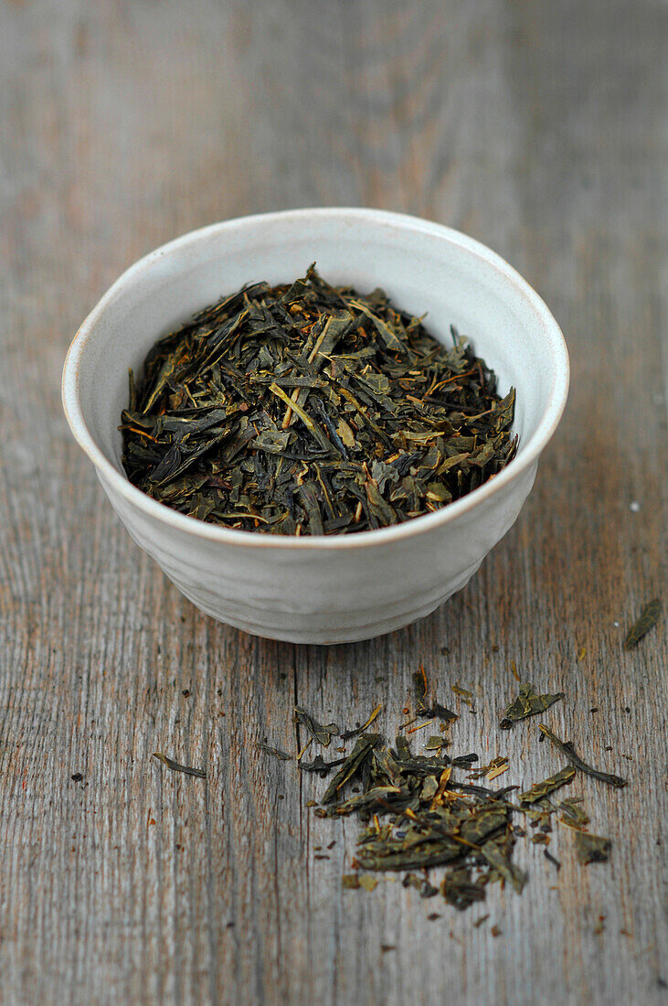 Leaves of Ordinary Japanese Green Tea (Sencha) in a Bowl (Chawan), Tea with a Taste of Seaweed Or Grass, Widely Drunk in Japan, Notably For Its Antioxidant Properties