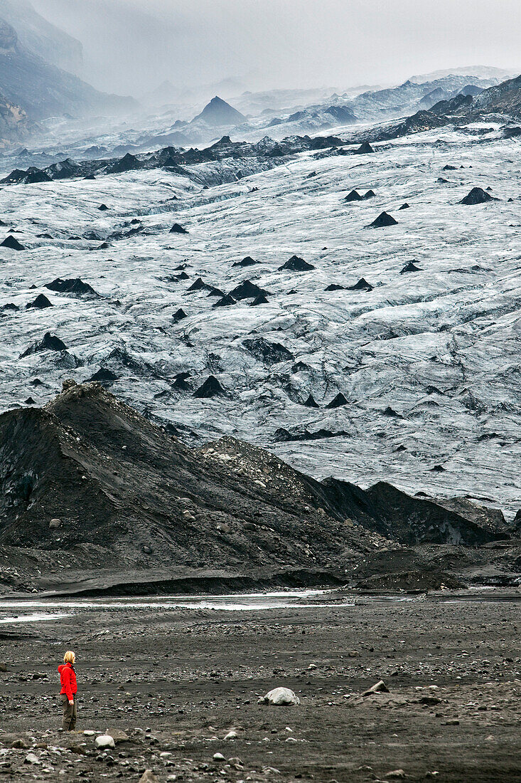Hiker on the Myrdalsjokull, the Country's Fourth Biggest Glacier, Southern Coast of Iceland, Europe