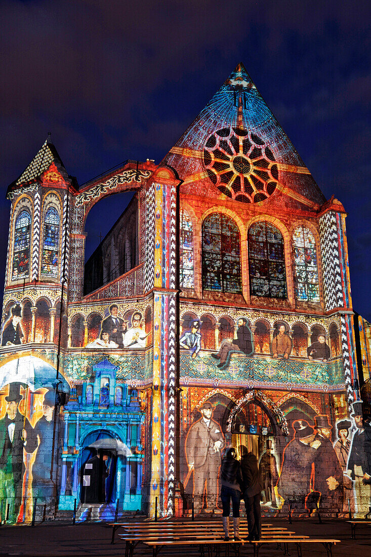 The Lit-Up Facade of the Saint-Aignan Church During the Chartres in Lights Festival, Eure-Et-Loir (28), France
