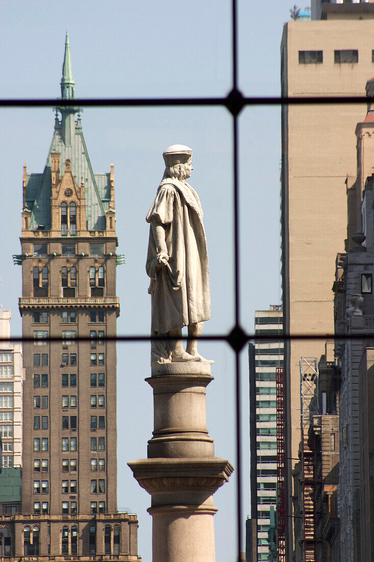 Statue of Christopher Columbus on Columbus Circle Seen in the Windows of Time Warner Building, Manhattan, New York City, United States of America, Usa